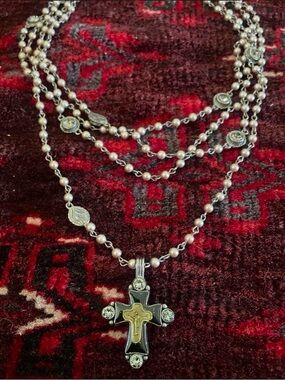 Virgins Saints & Angels Silver and Gold Multi-Strand Rosary Necklace